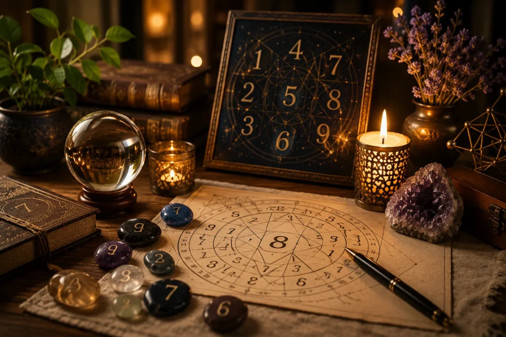 Numerology consultation with numbers and symbolic chart imagery